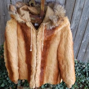 Vintage Tan and Brown Teddy Jacket genuine rabbit fur